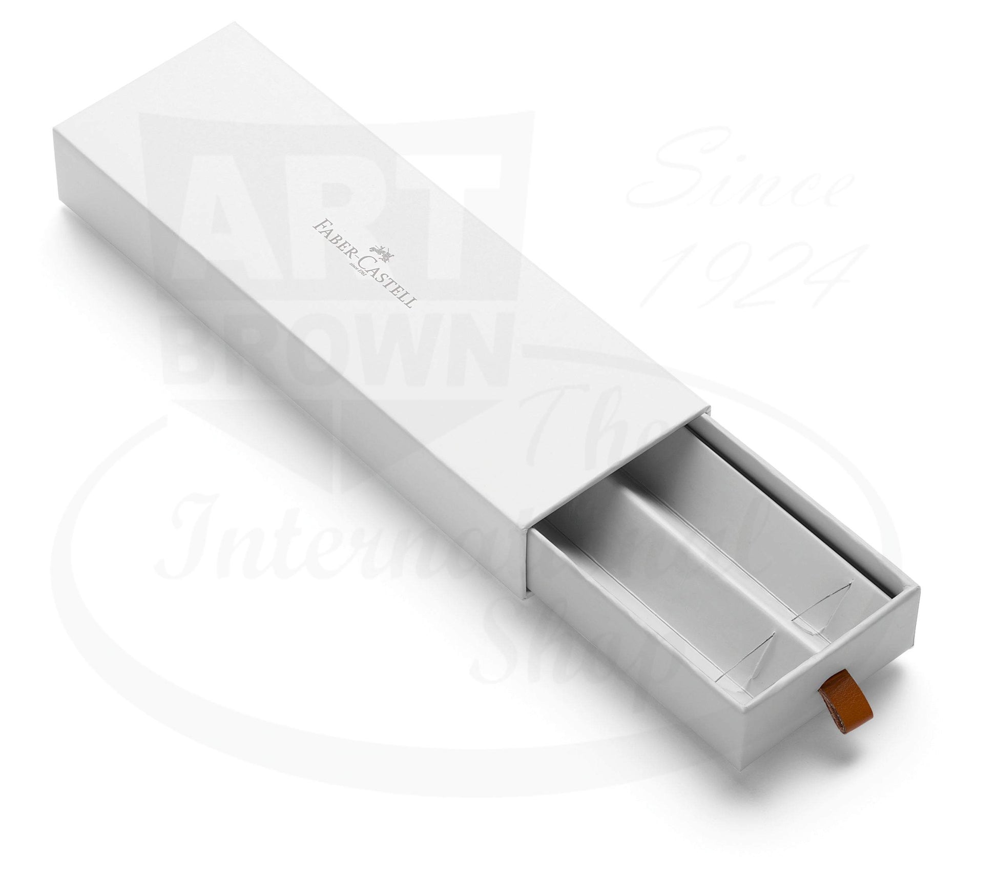 Faber-Castell Ondoro white slider box packaging with leather pull tab for pen storage and protection