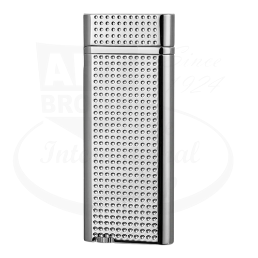 IM Corona 86 Flambeau brass turbo jet lighter featuring polished silver finish with textured dot pattern design and vertical flame adjustment system