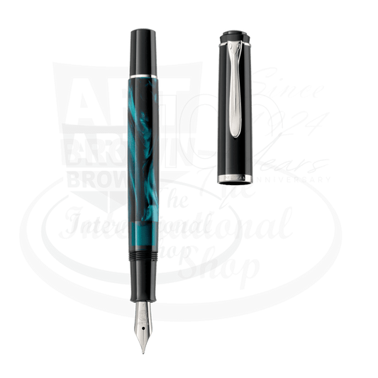 Pelikan M205 black and petrol marbled resin fountain pen with silver trim and matching case