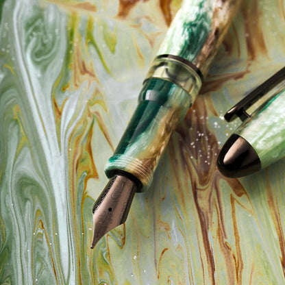 Nahvalur Horizon Twilight Medium Fountain Pen pearlescent acrylic resin with green and beige swirls, stainless steel nib