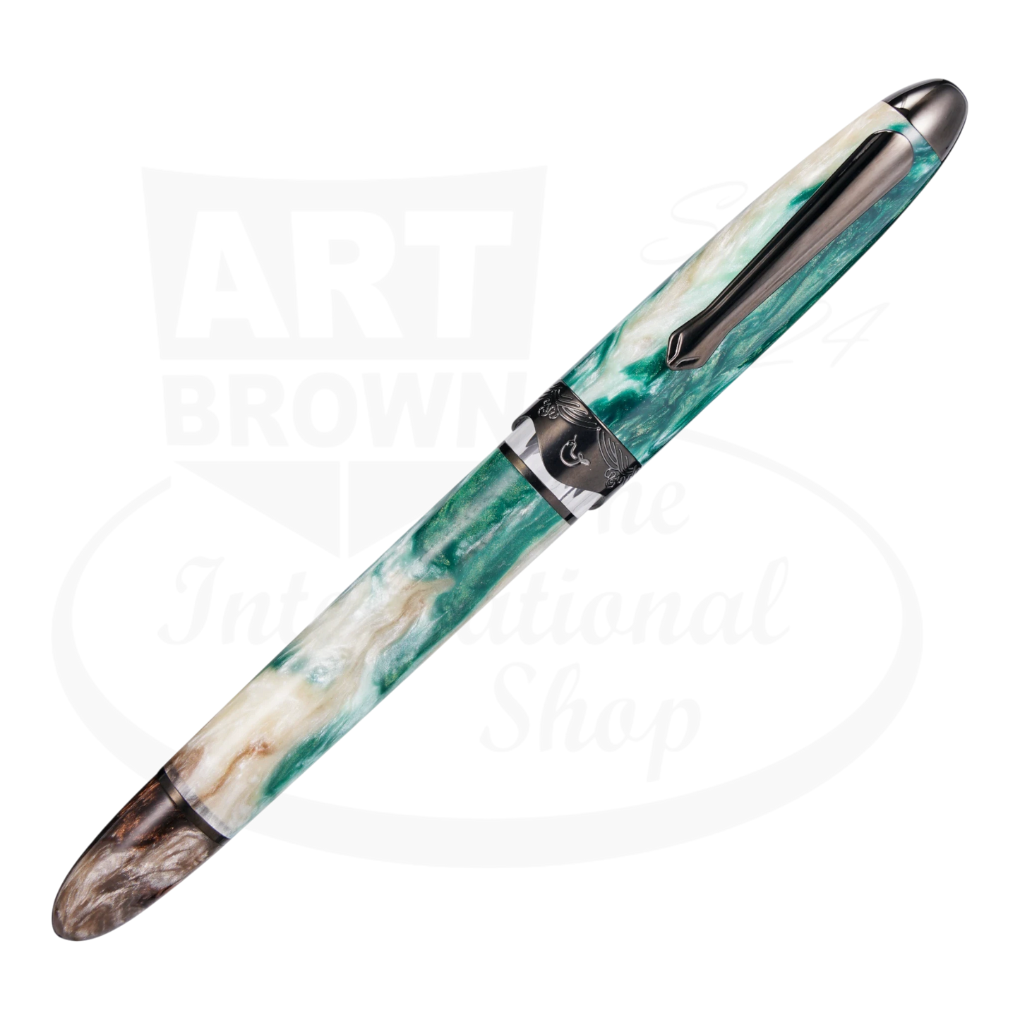 Nahvalur Horizon Twilight Medium Fountain Pen pearlescent acrylic resin green white swirled barrel silver clip