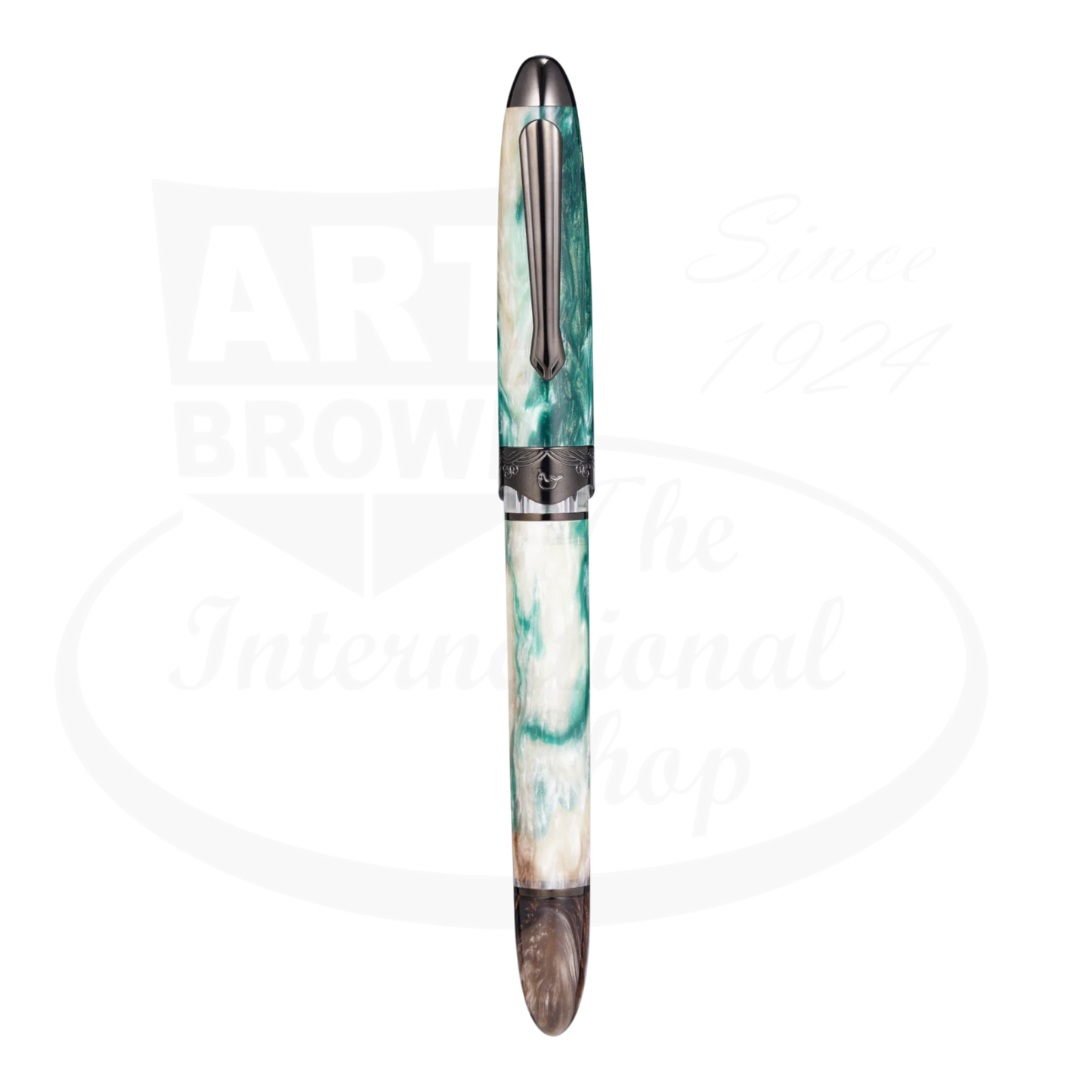 Nahvalur Horizon Twilight Medium Fountain Pen, pearlescent acrylic resin in green and cream, ruthenium trim, stainless steel nib