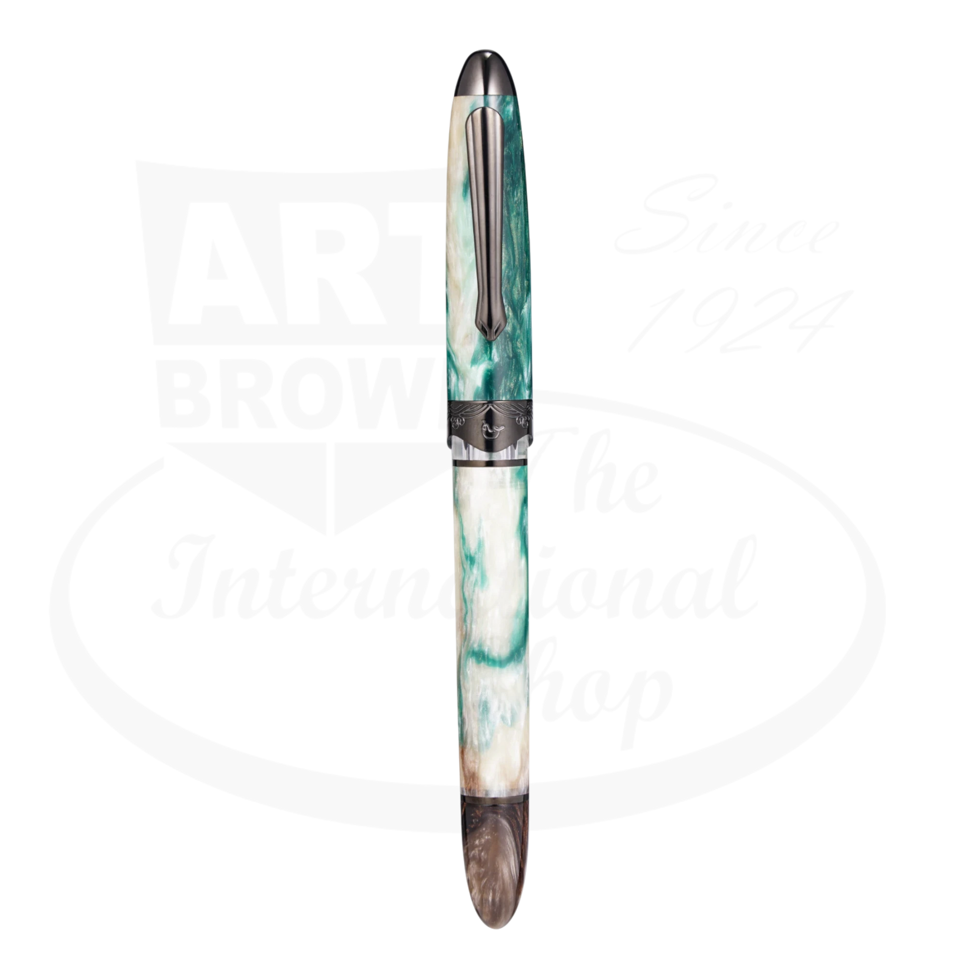 Nahvalur Horizon Twilight Medium Fountain Pen, pearlescent acrylic resin in green and cream, ruthenium trim, stainless steel nib