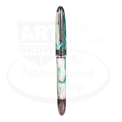 Nahvalur Horizon Twilight Medium Fountain Pen, pearlescent acrylic resin in green and cream, ruthenium trim, stainless steel nib