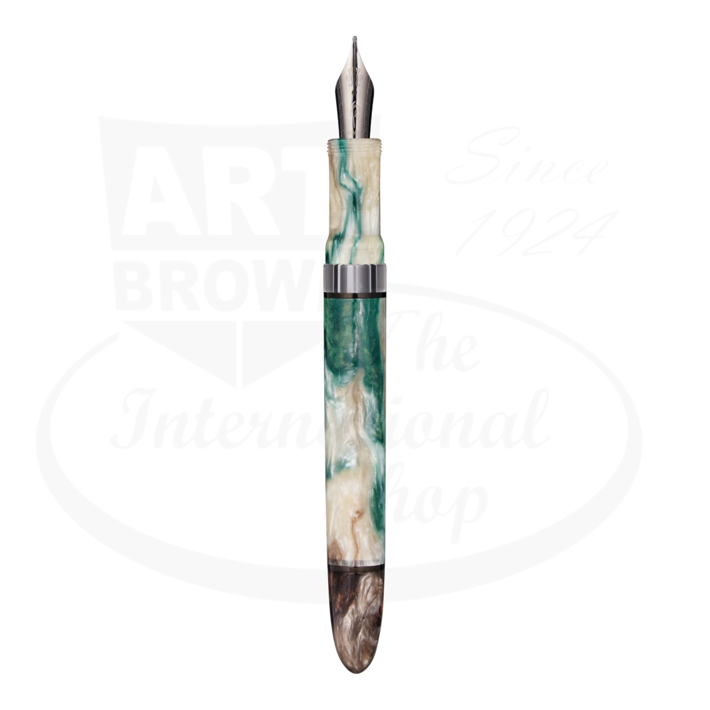 Nahvalur Horizon Twilight Medium Fountain Pen with pearlescent acrylic resin, stainless steel nib, green and cream swirls.