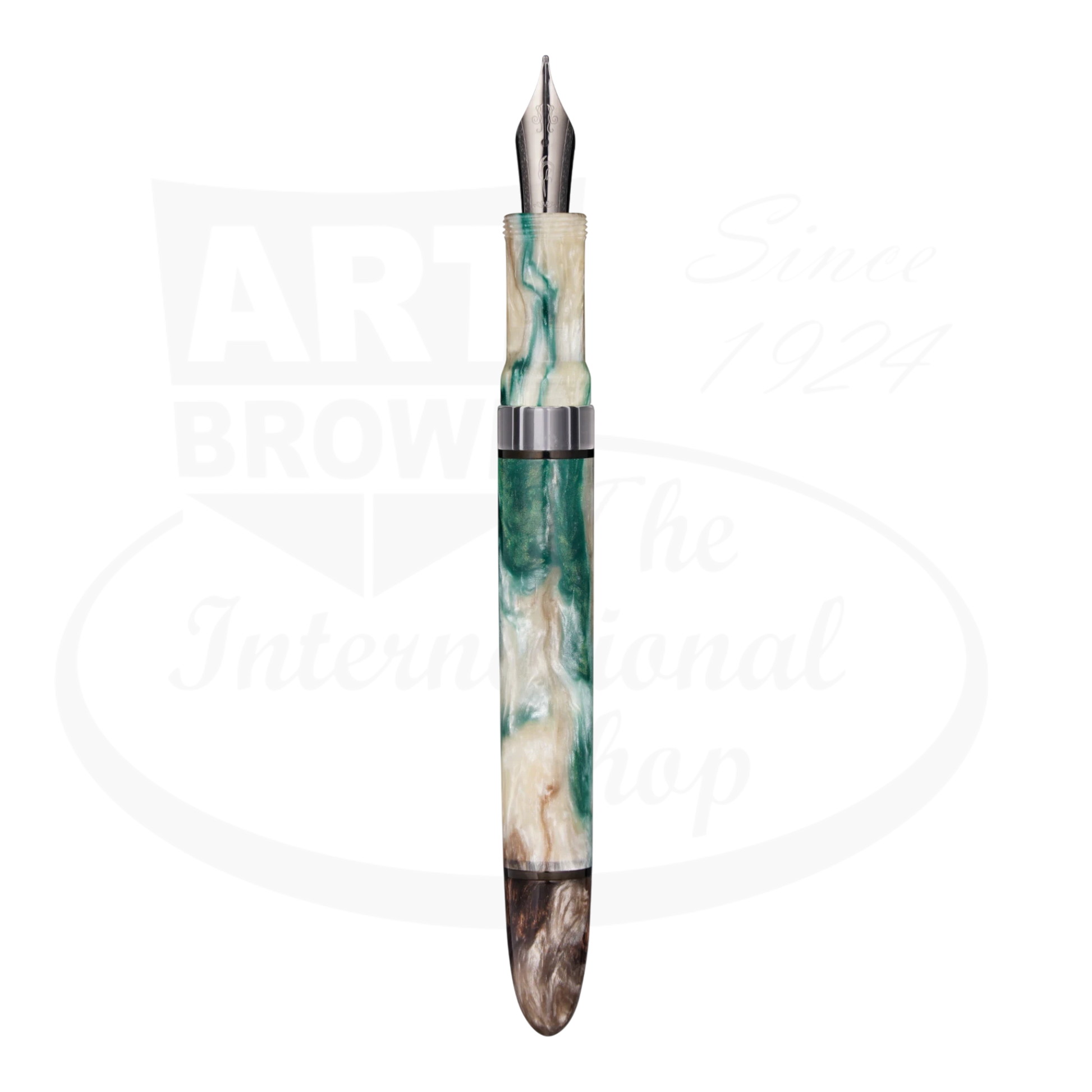Nahvalur Horizon Twilight Medium Fountain Pen with pearlescent acrylic resin, stainless steel nib, green and cream swirls.