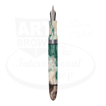 Nahvalur Horizon Twilight Medium Fountain Pen with pearlescent acrylic resin, stainless steel nib, green and cream swirls.