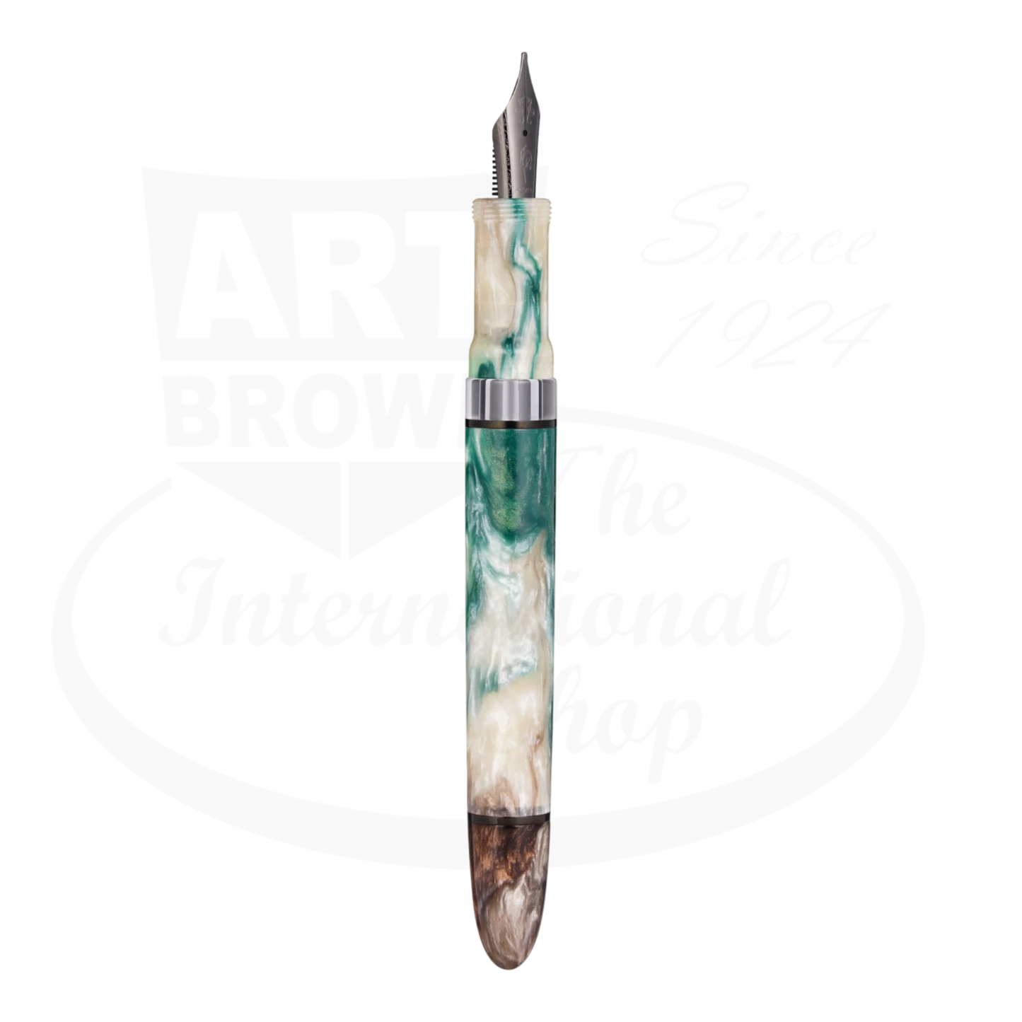 Nahvalur Horizon Twilight Medium Fountain Pen, resin body in green, cream, and brown tones, stainless steel nib, piston fill