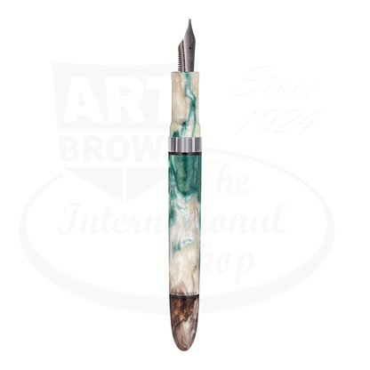 Nahvalur Horizon Twilight Medium Fountain Pen, resin body in green, cream, and brown tones, stainless steel nib, piston fill