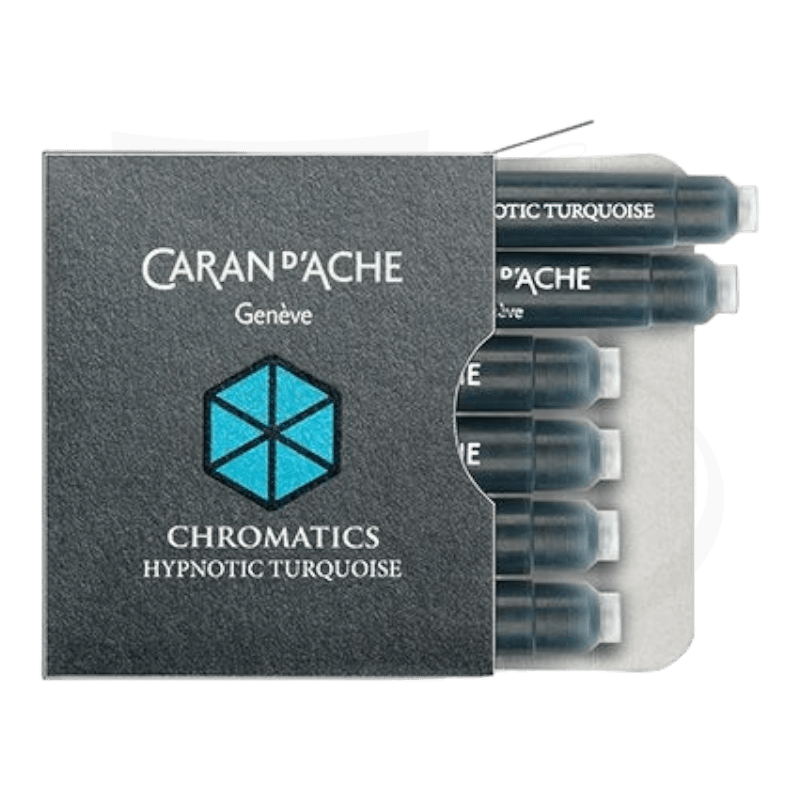 Caran d'Ache Chromatics Hypnotic Turquoise fountain pen ink cartridges in clear plastic case with grey box featuring geometric turquoise hexagon logo