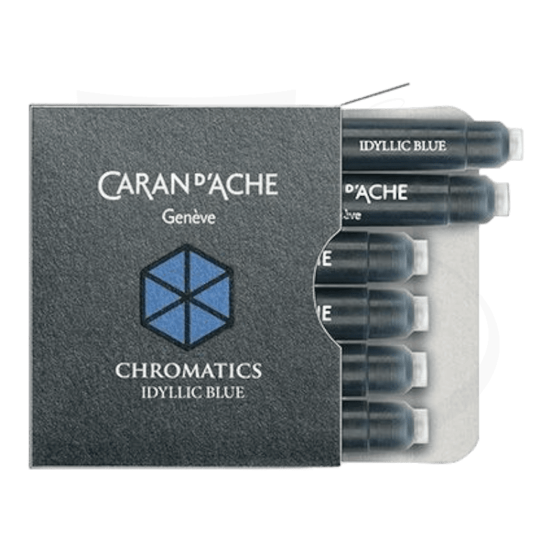 Caran d'Ache Chromatics Idyllic Blue fountain pen ink cartridges in black packaging with blue hexagon logo, 6-pack universal format, compatible with S.T. Dupont pens