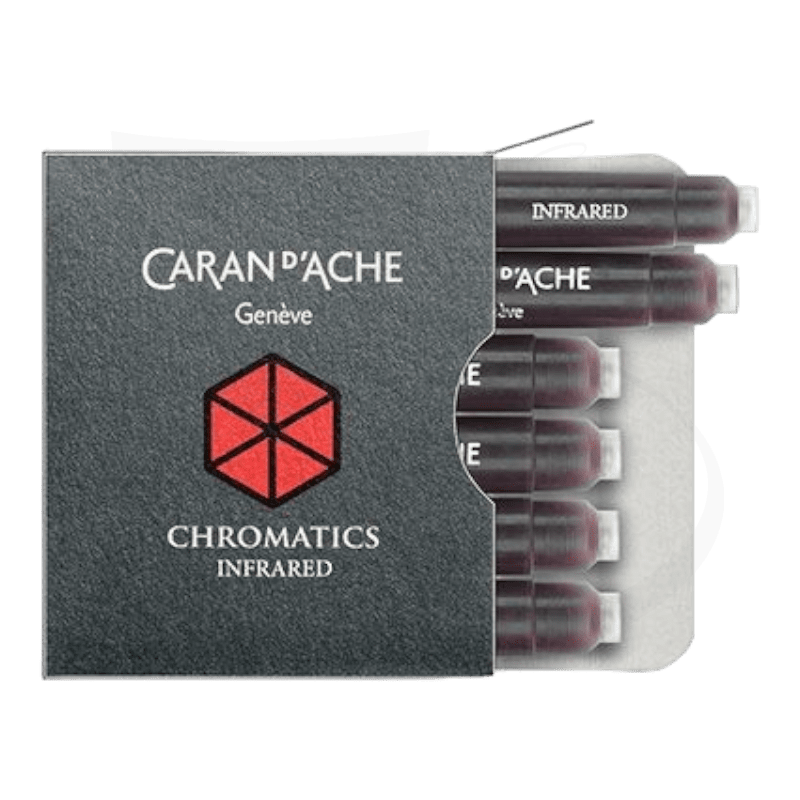 Caran d'Ache Chromatics Infrared fountain pen ink cartridges, 6-pack in clear case with dark gray box featuring red hexagon logo
