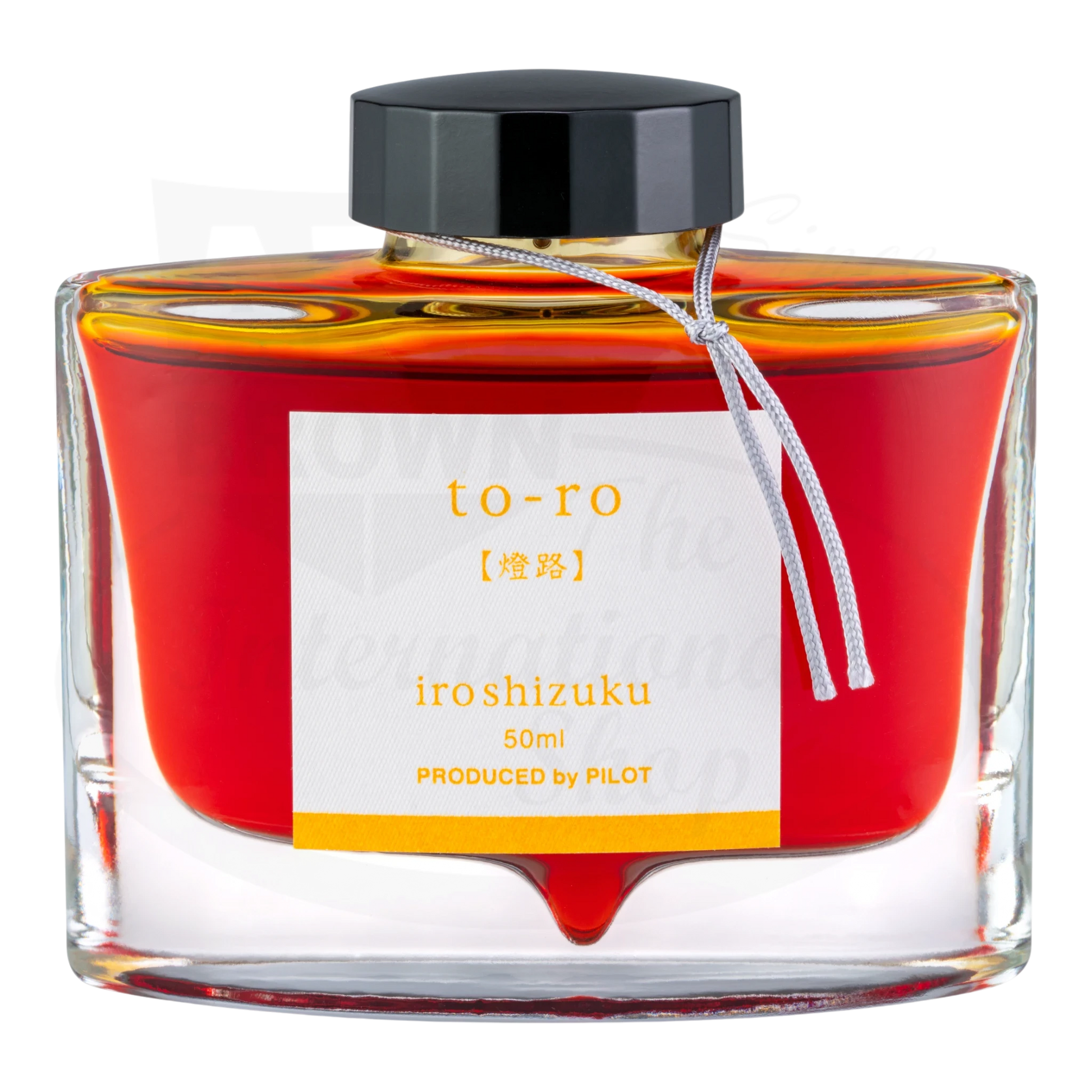Pilot Iroshizuku Red, Orange & Pink Bottled Ink 50ML glass bottle with vibrant red-orange liquid and black cap