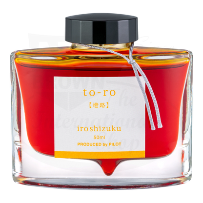 Pilot Iroshizuku Red, Orange & Pink Bottled Ink 50ML glass bottle with vibrant red-orange liquid and black cap