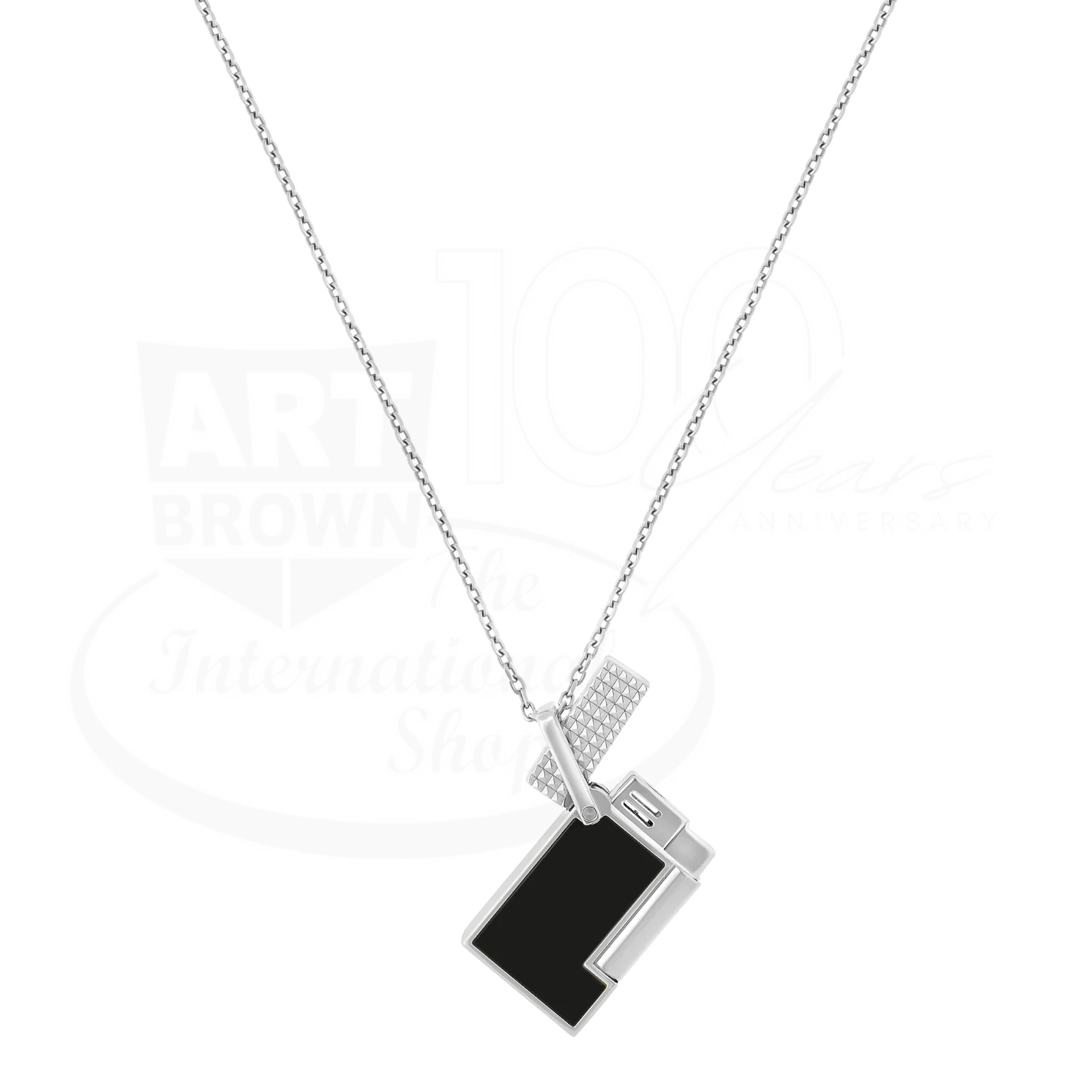 S.T. Dupont Ligne 2 necklace lighter in black lacquer with chrome accents and soft flame mechanism on silver chain