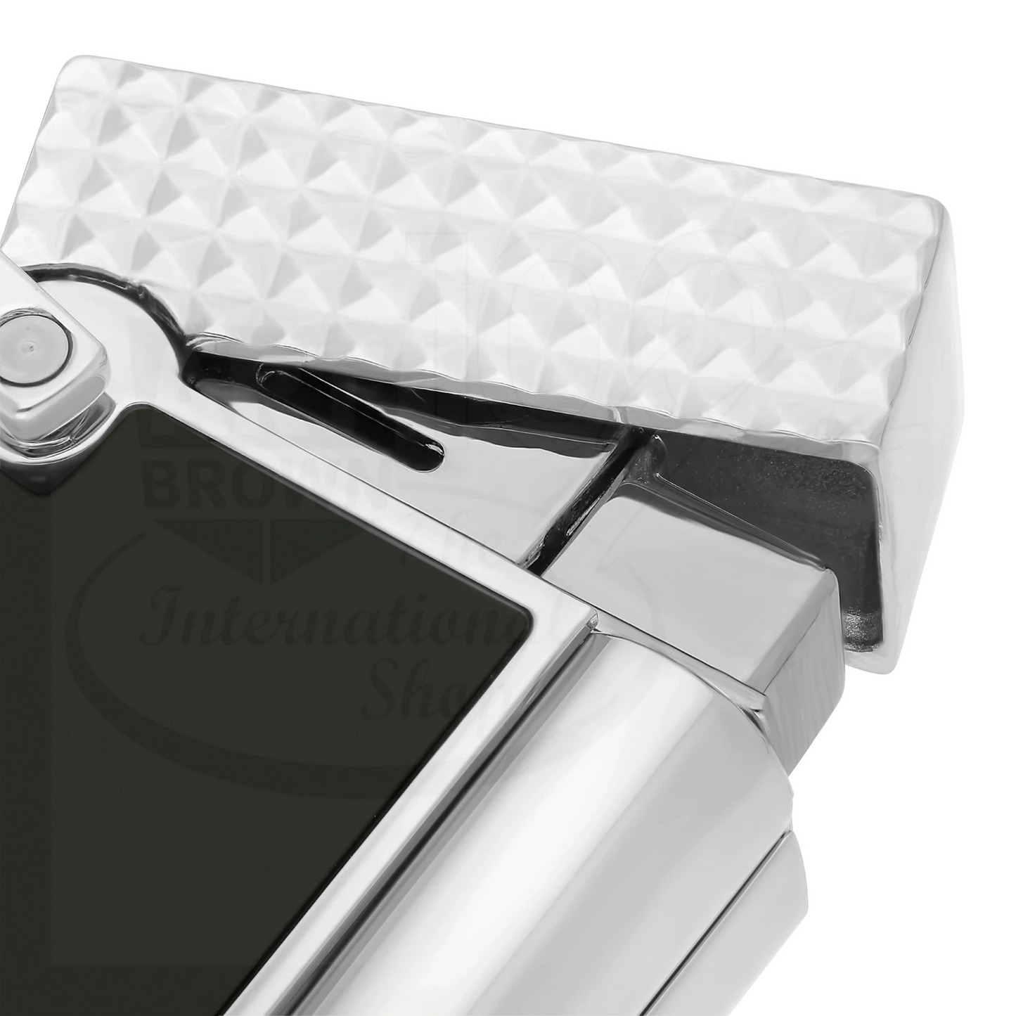 S.T. Dupont Ligne 2 soft flame lighter with black lacquer and textured chrome finish, open lid detail close-up