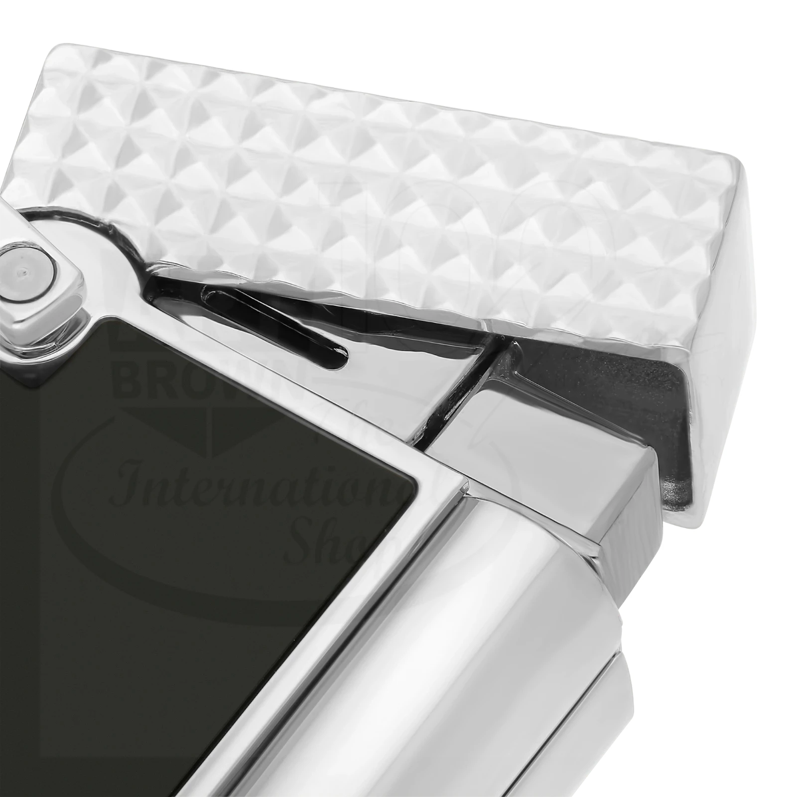 S.T. Dupont Ligne 2 soft flame lighter with black lacquer and textured chrome finish, open lid detail close-up