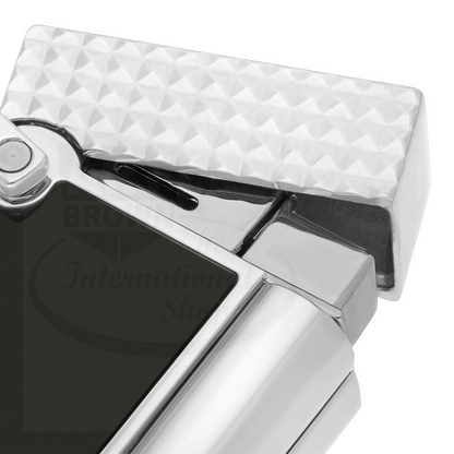 S.T. Dupont Ligne 2 soft flame lighter with black lacquer and textured chrome finish, open lid detail close-up