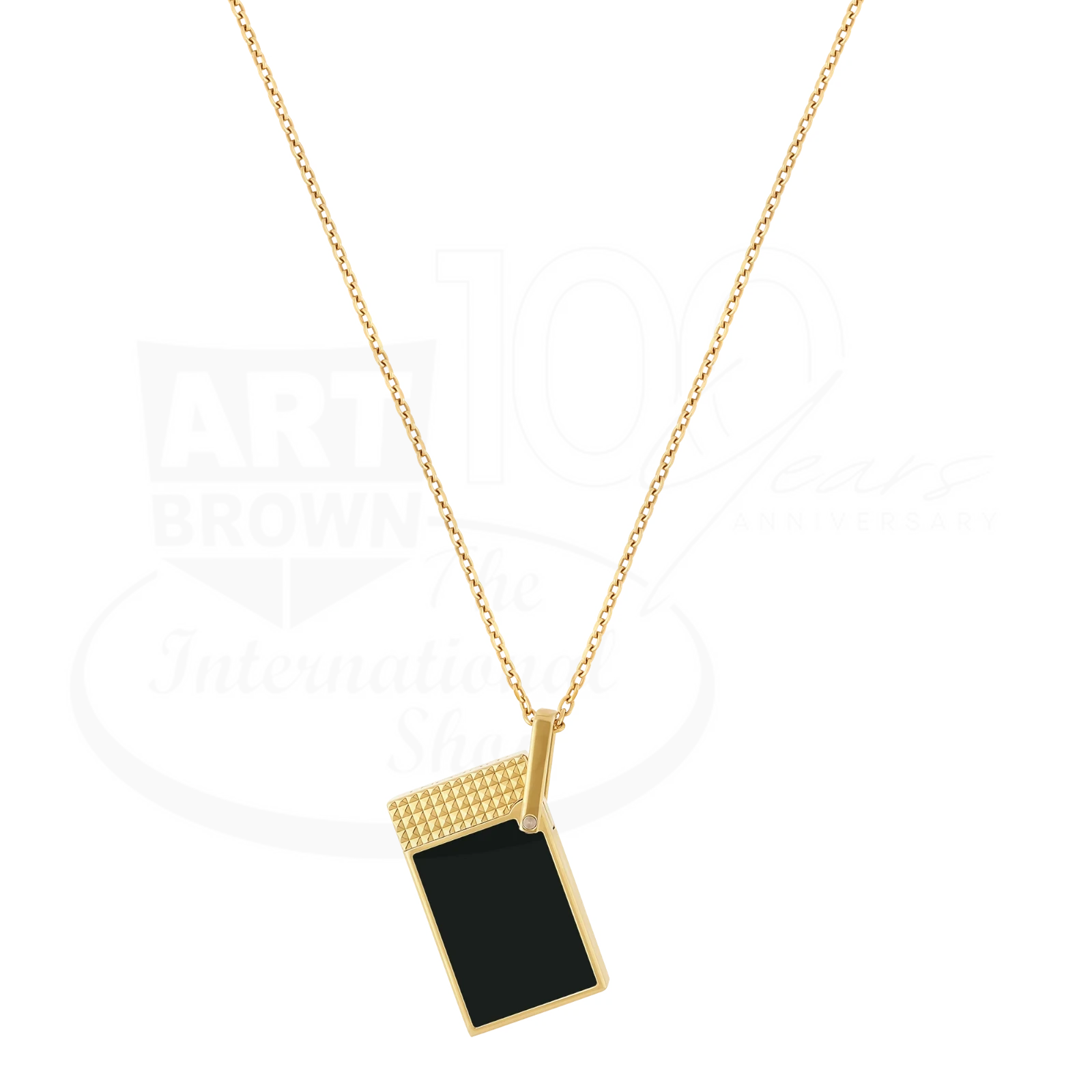 S.T. Dupont Ligne 2 necklace lighter in black lacquer with gold guilloche frame and soft flame pendant on chain