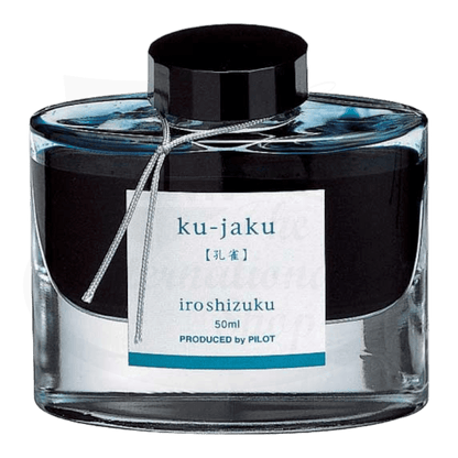 Pilot Iroshizuku ku-jaku Glass Bottle 50ml, blue-teal fountain pen ink with black cap and silver ribbon, featuring Japanese label