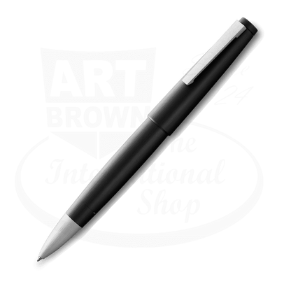 LAMY 2000 L301 fiberglass-steel rollerball pen in matte black finish with silver-tone clip and conical tip, featuring minimalist Bauhaus design
