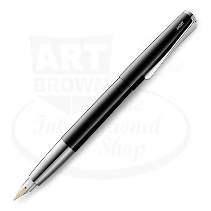 LAMY Studio L68PBKF fountain pen in piano black lacquer with steel propeller clip and gold nib, sleek cylindrical design with chrome accents