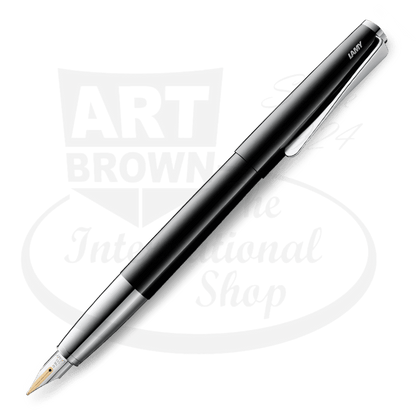 LAMY Studio L68PBKM piano black lacquered steel fountain pen with propeller clip and gold medium nib on white background
