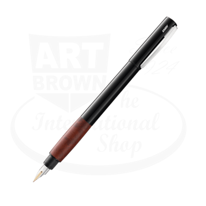 LAMY Accent L98BYM fountain pen in black lacquer with briarwood grip section, gold nib, chrome clip, and medium point