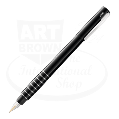LAMY Accent 4001229 black lacquer fountain pen with diamond grip section, 14ct bi-color gold nib, sleek cylindrical design with spring-loaded clip