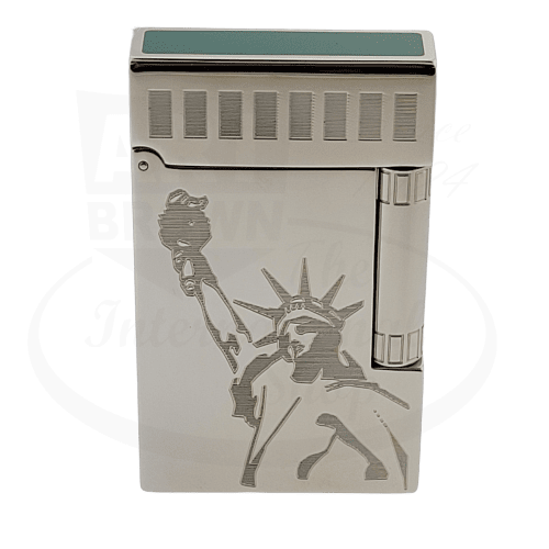 S.T. Dupont Ligne 2 016000 palladium lighter with engraved Statue of Liberty design, green lacquer top panel, limited edition #195/350