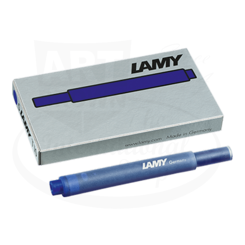 LAMY T10 plastic ink cartridges in blue, pack of 5, shown with silver retail box and single cartridge display, 2ml capacity, Germany-made fountain pen refills