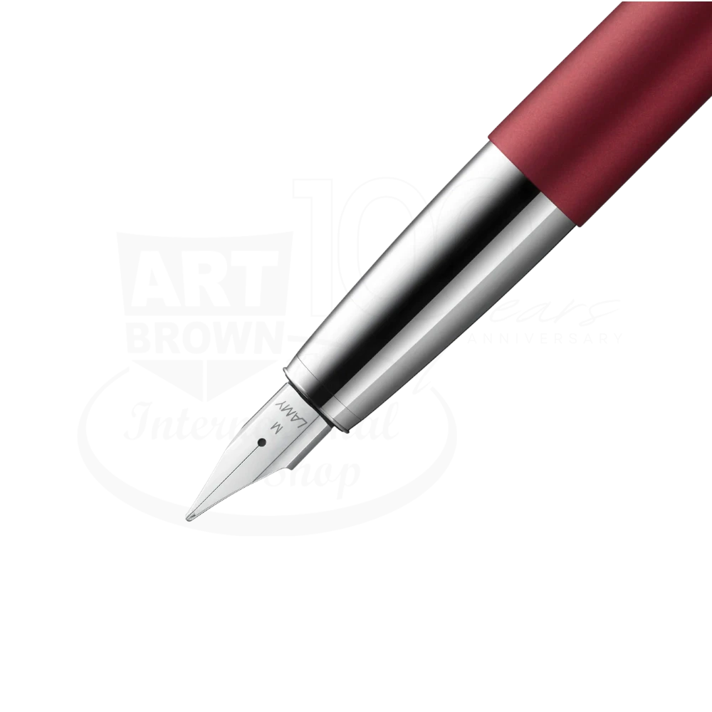 LAMY Studio Royal Red Medium Fountain Pen, L67RRMM with metal silver nib and matte red cylindrical body close-up view