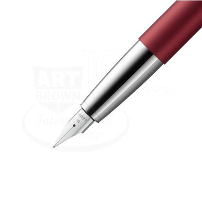 LAMY Studio Royal Red Medium Fountain Pen, L67RRMM with metal silver nib and matte red cylindrical body close-up view