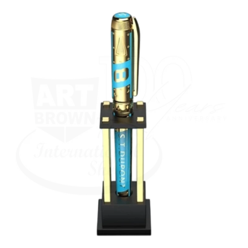 Luxury blue and gold fountain pen with engraved details, showcased on an elegant black and gold stand