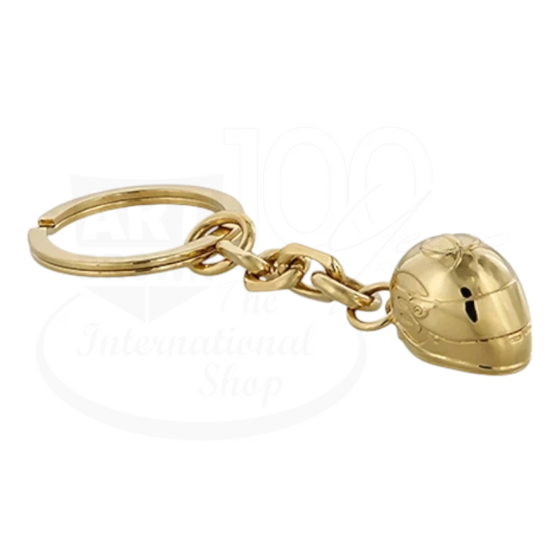 Gold-toned keychain featuring a detailed miniature racing helmet with polished finish and chain links