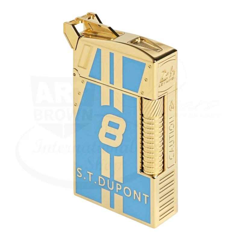 Luxury gold and blue cigar lighter with racing stripes and S.T. Dupont branding from a limited edition set