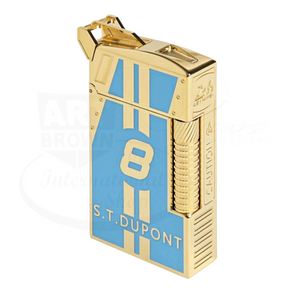 Luxury gold and blue cigar lighter with racing stripes and S.T. Dupont branding from a limited edition set