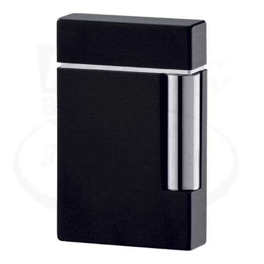 S.T. Dupont Ligne 8 025100 metal lighter in matte black finish with chrome accents, featuring sleek rectangular design and side-mounted ignition