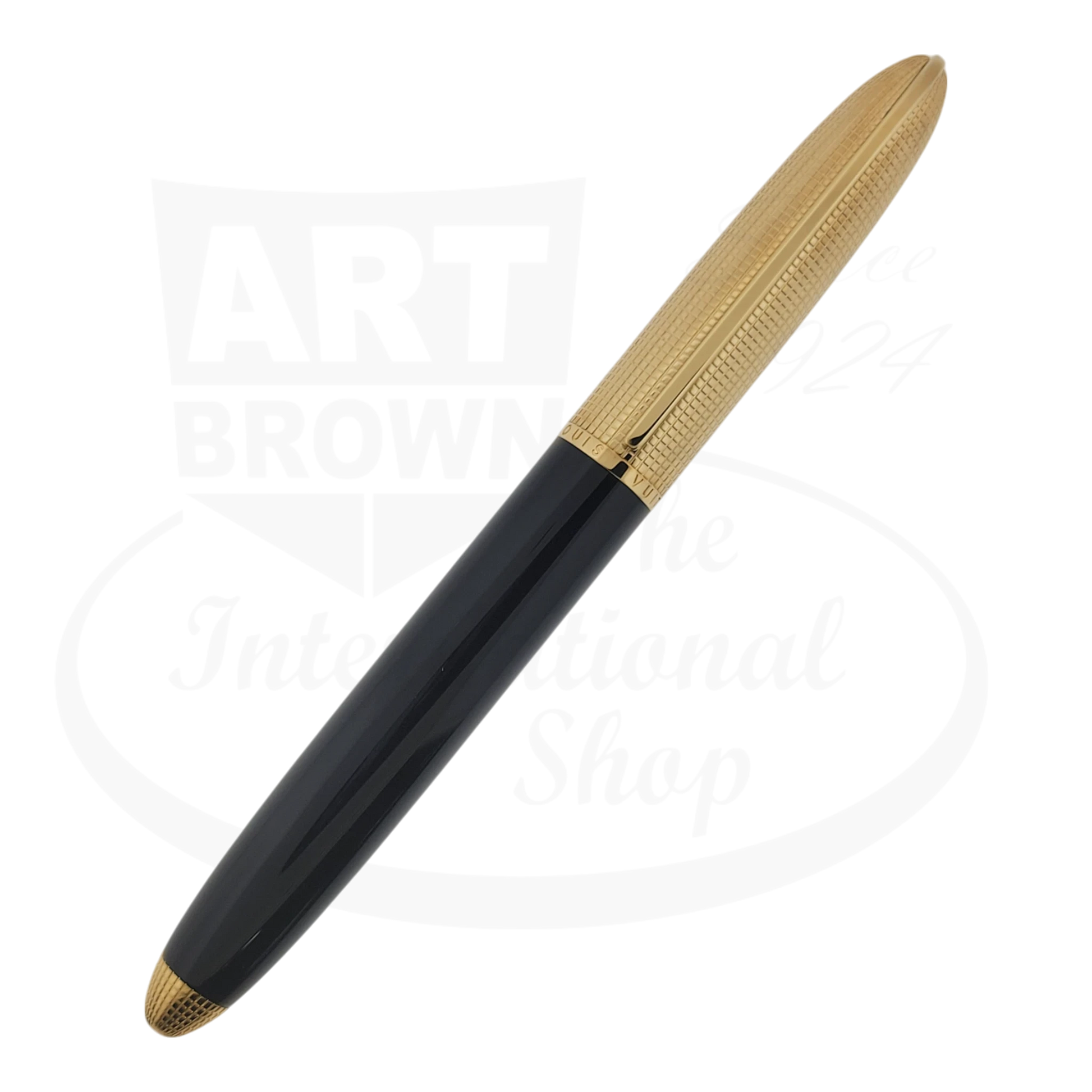 Louis Vuitton Doc Lacquer Rollerball Pen featuring black lacquer barrel with gold-tone textured cap and trim, grid pattern detailing on cap and ends