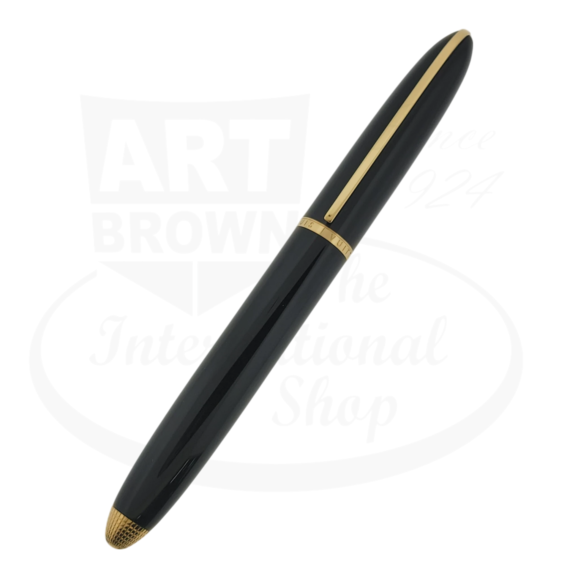 Louis Vuitton Doc Lacquer Rollerball Pen - Black resin barrel with gold-tone accents, grid-textured cap, elegant tapered design