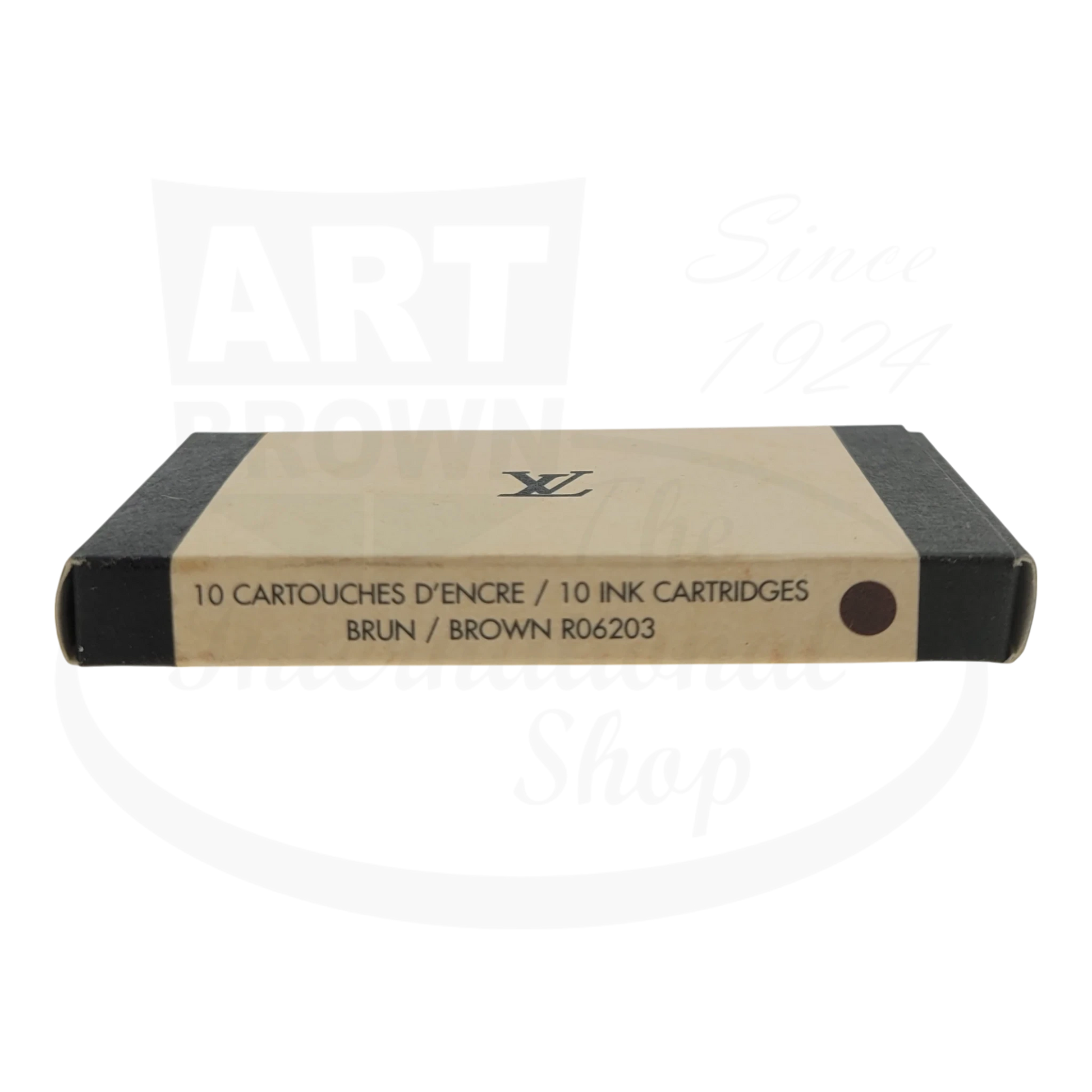 Louis Vuitton R06203 brown fountain pen ink cartridges, pack of 10 in tan and black cardboard retail box with LV logo