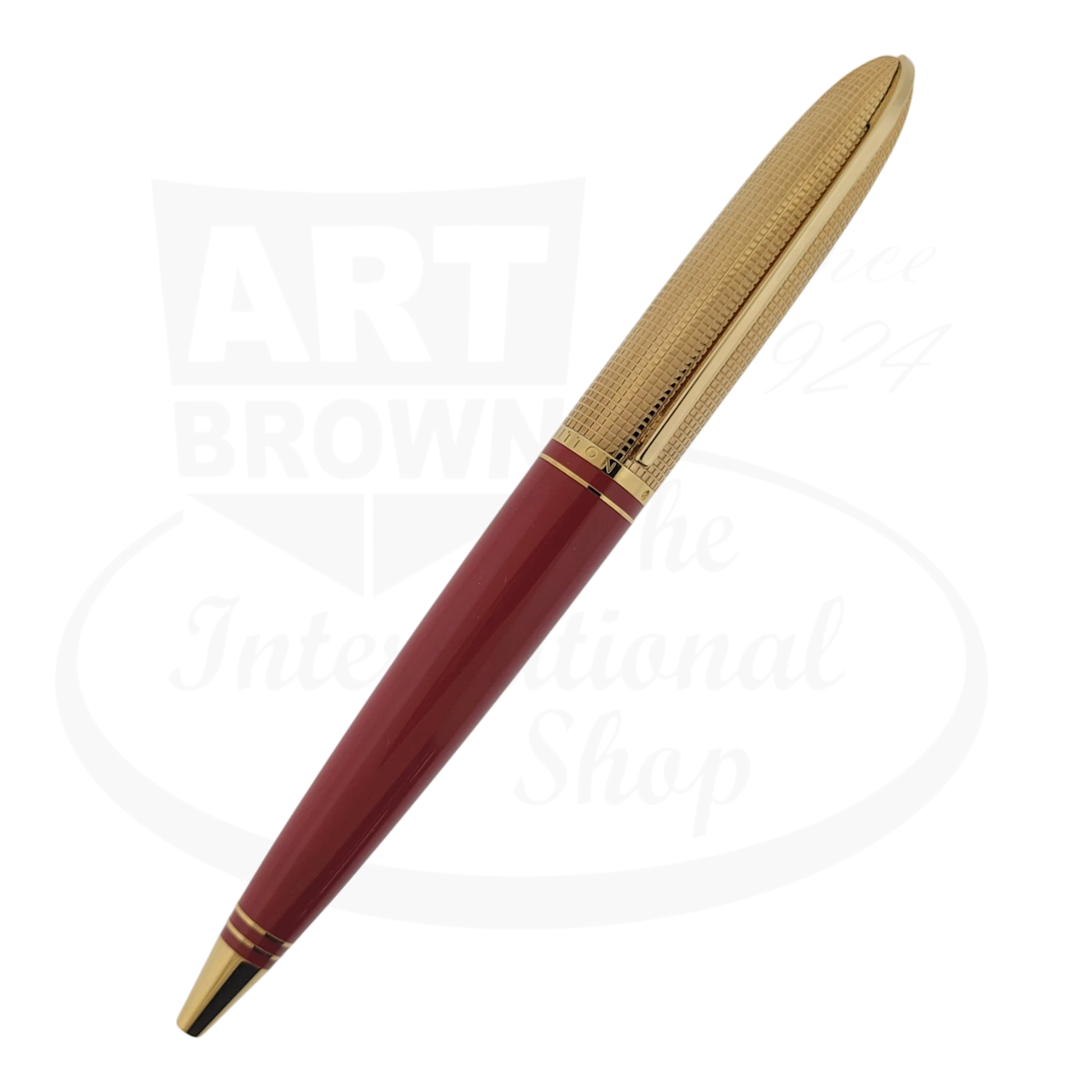 Louis Vuitton Doc Lacquer Ballpoint Pen in burgundy with gold-tone textured cap, metal construction, featuring grid pattern detail and twist mechanism