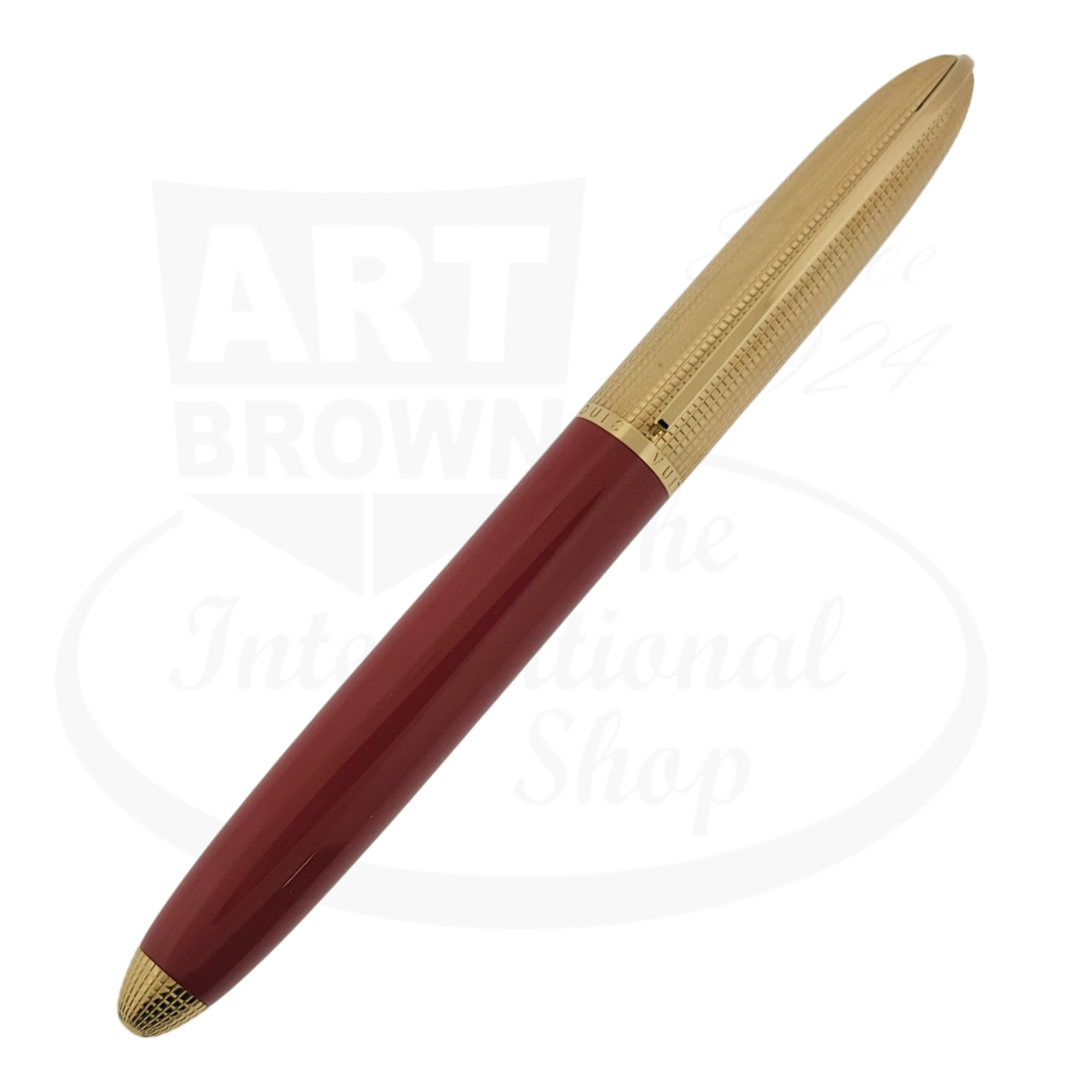 Louis Vuitton Doc lacquer rollerball pen with burgundy lacquer barrel, gold-toned grid-pattern cap and trim, sleek cylindrical design