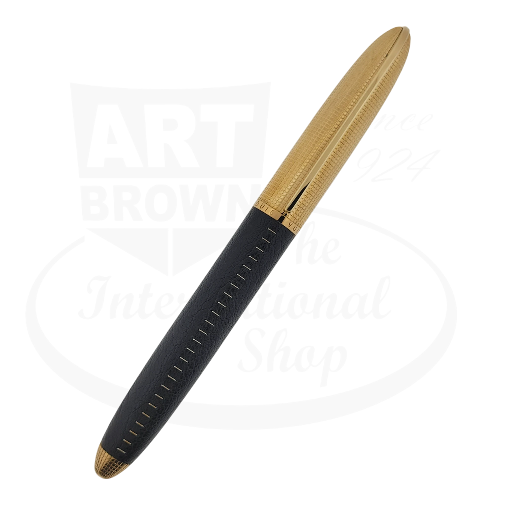 Louis Vuitton DOC black Leather rollerball pen with gold cap.