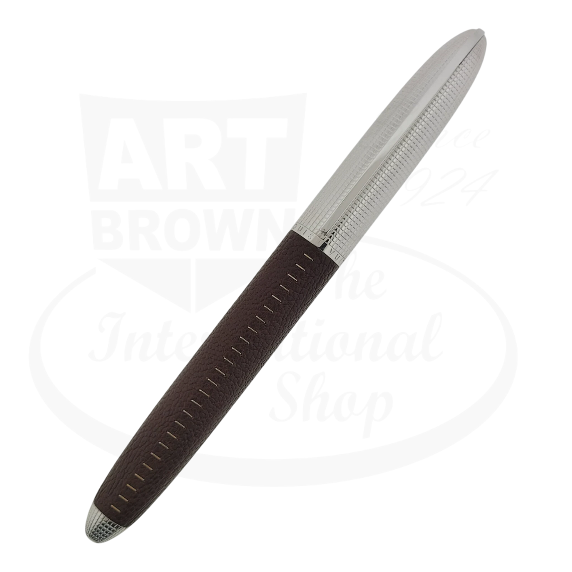 Louis Vuitton Doc leather rollerball pen with burgundy leather barrel, silver grid-patterned cap and tip, textured metallic finish