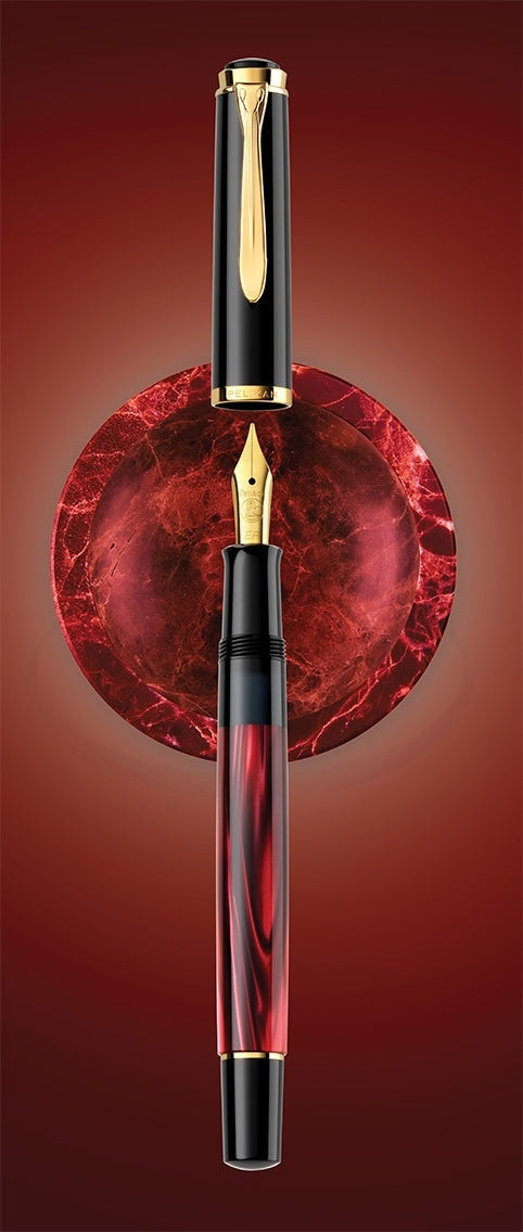 Pelikan Classic M200 827379 resin red marbled barrel fountain pen with gold-plated clip and nib