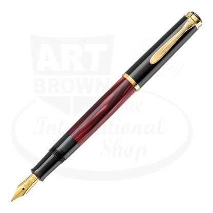 Pelikan Classic M200 827379 red marbled resin barrel black cap gold trim fountain pen medium nib