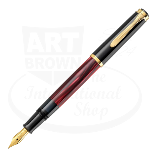 Pelikan Classic M200 827379 red marbled resin barrel black cap gold trim fountain pen medium nib