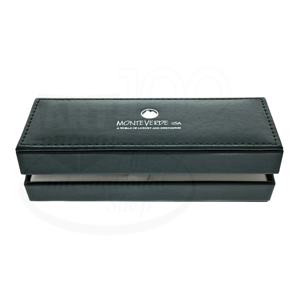 Monteverde pen box in green leather with stitched edges and silver interior, branded logo on lid