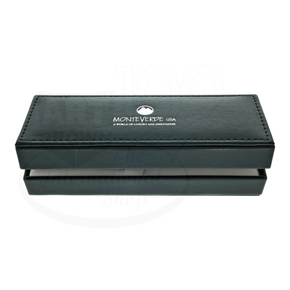 Monteverde pen box in green leather with stitched edges and silver interior, branded logo on lid